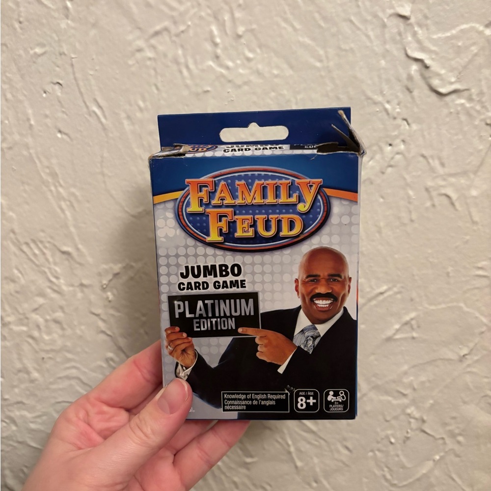 Family Feud Jumbo Card Game Platinum Edition box is a bit damaged